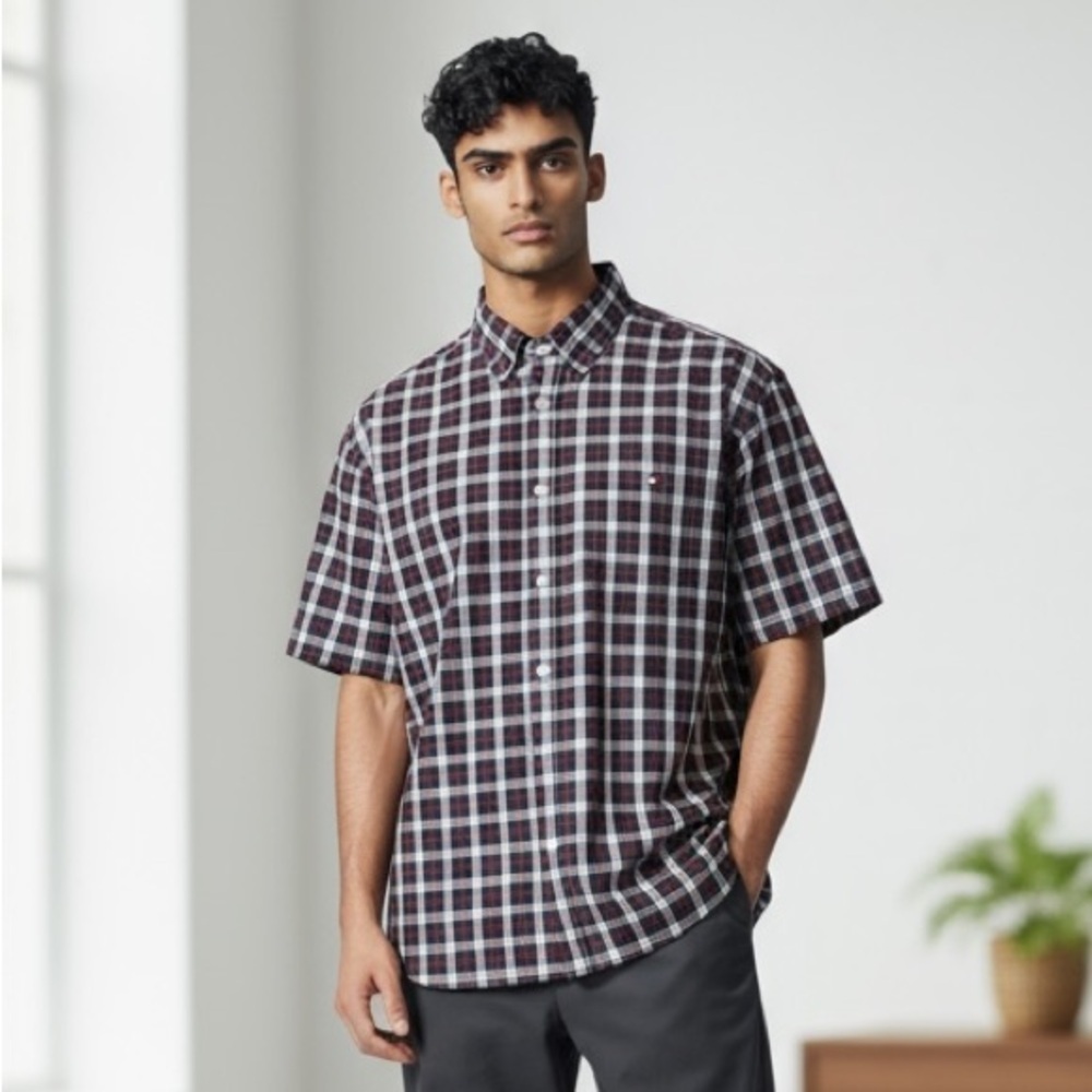 TOMMY HILFIGER XXL Navy White Red Plaid Camp Shirt R $79